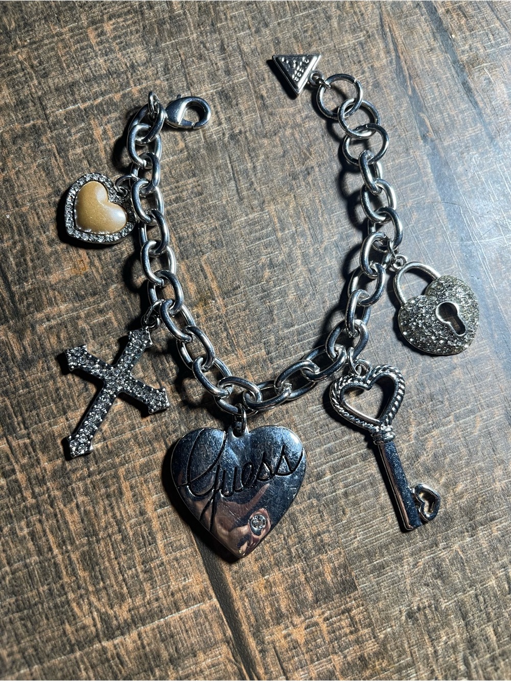 Guess Silver-Tone Charm Bracelet with Heart, Key & Cross Accents